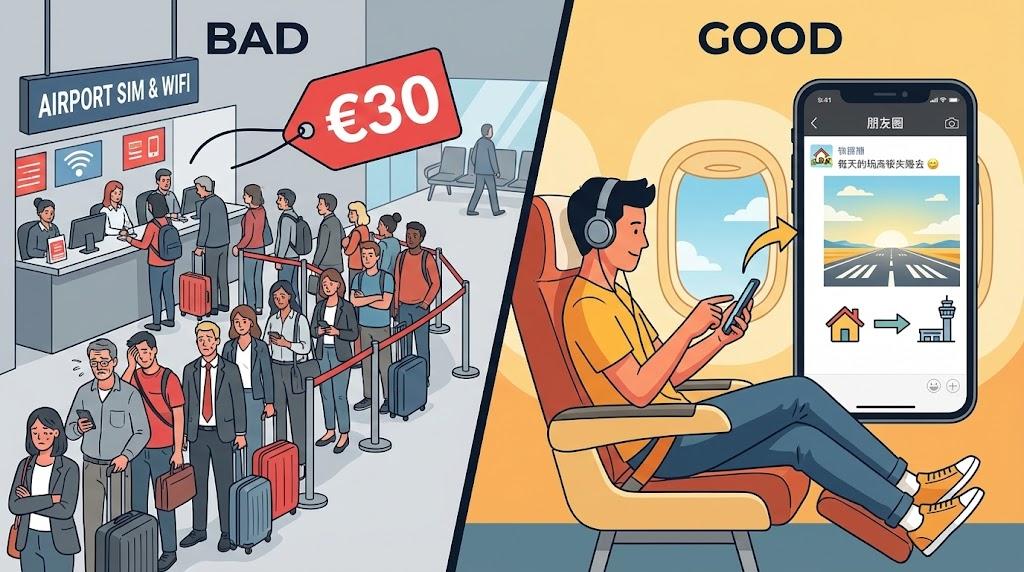 机场买卡太坑？免排队！出发前搞定eSIM，下飞机直接发朋友圈