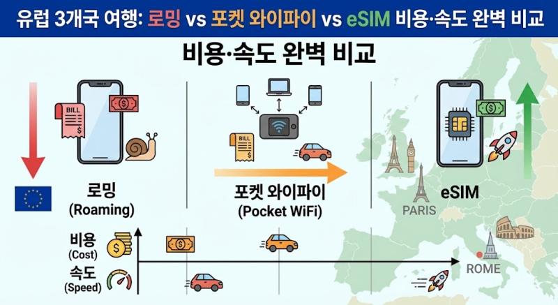 유럽 3개국 여행: 로밍 vs 포켓 와이파이 vs eSIM 비용·속도 완벽 비교
