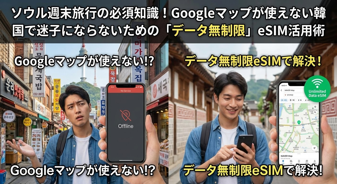 ソウル週末旅行の必須知識！Googleマップが使えない韓国で迷子にならないための「データ無制限」eSIM活用術