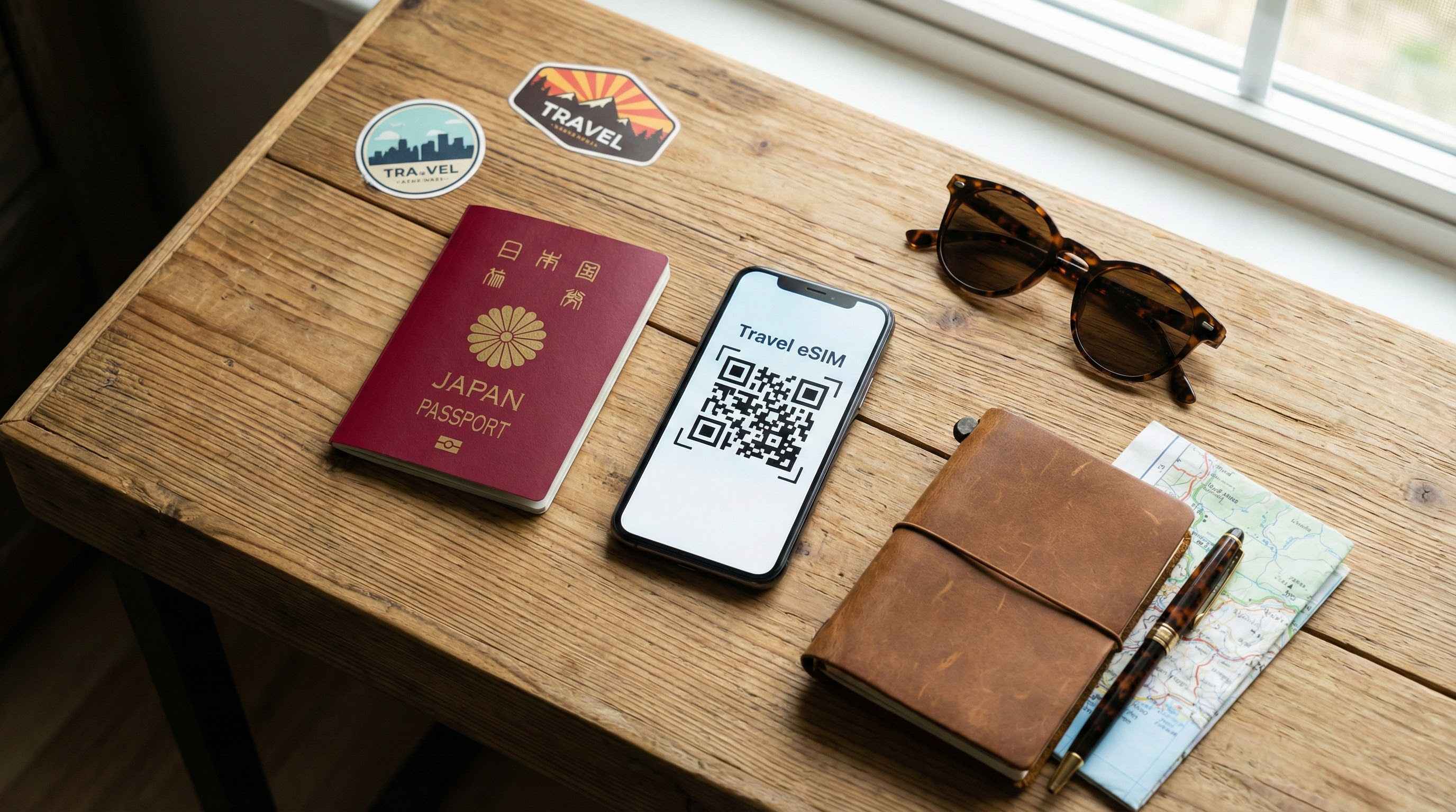 海外旅行の準備、パスポートの横でeSIMアクティベーション用のQRコードを表示しているスマートフォン。