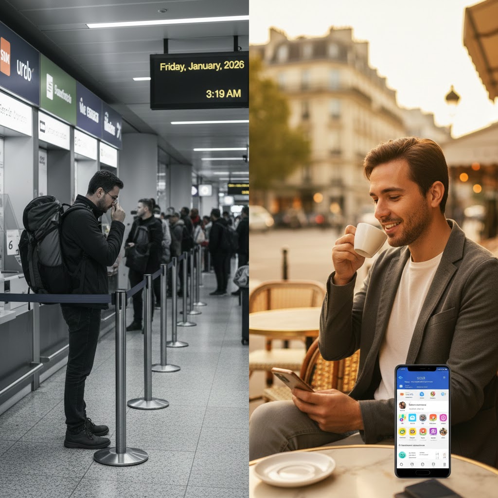 Comparison of the stress of buying a physical SIM card versus the ease of using an eSIM in France.