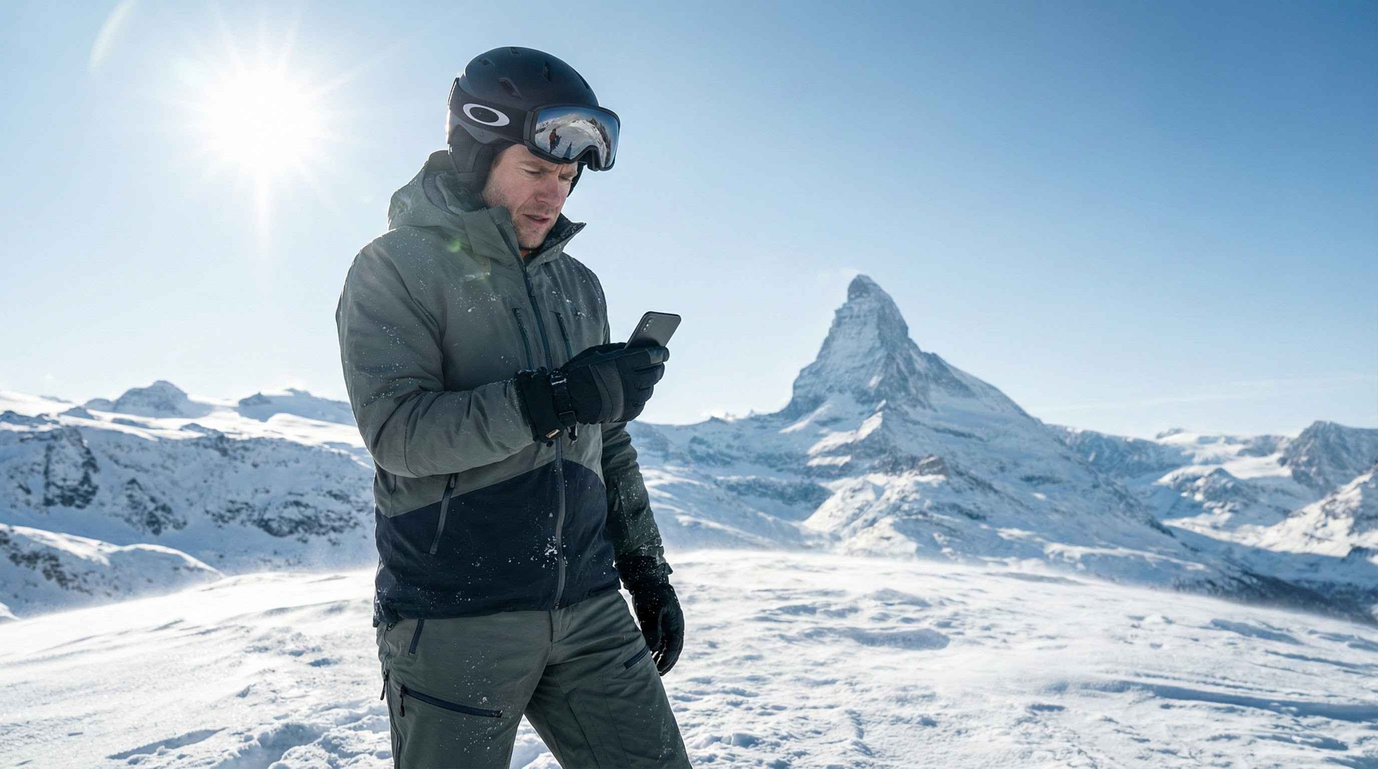 Narciarz w Alpach szwajcarskich sprawdza telefon, drogi roaming w Szwajcarii.