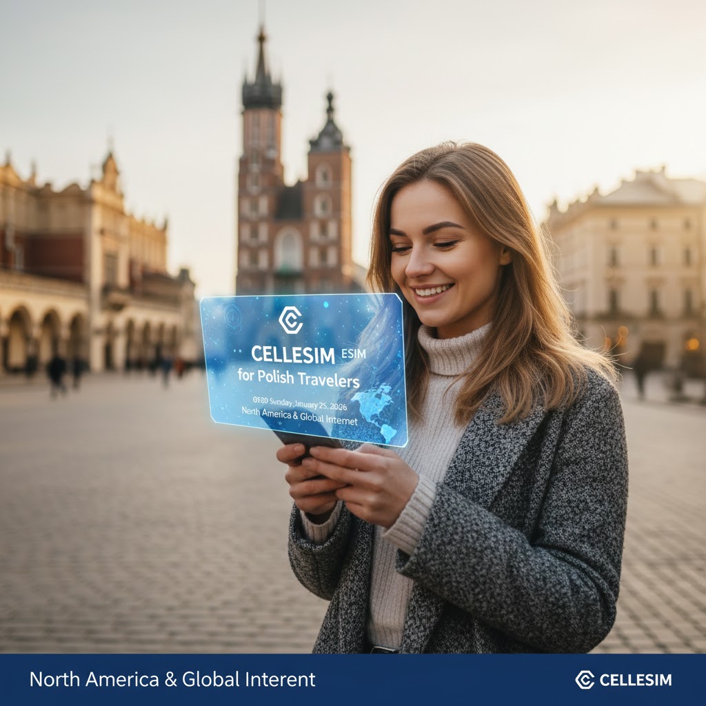 Polish travelers using smartphones at an international airport to stay connected with eSIM while traveling abroad