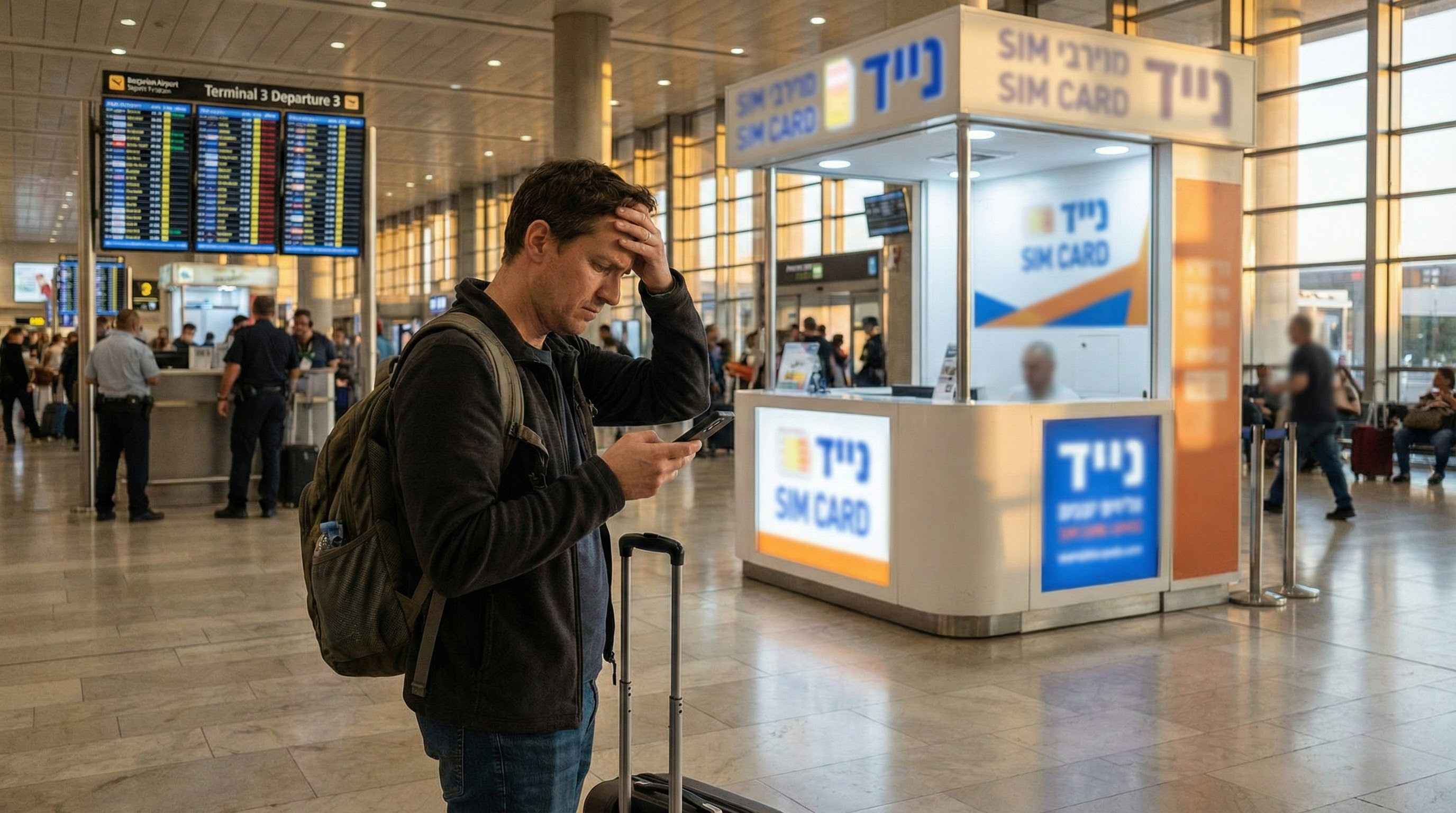 נוסע בנתב"ג בודק מחיר חבילת גלישה בטלפון, טרמינל 3 המראות.