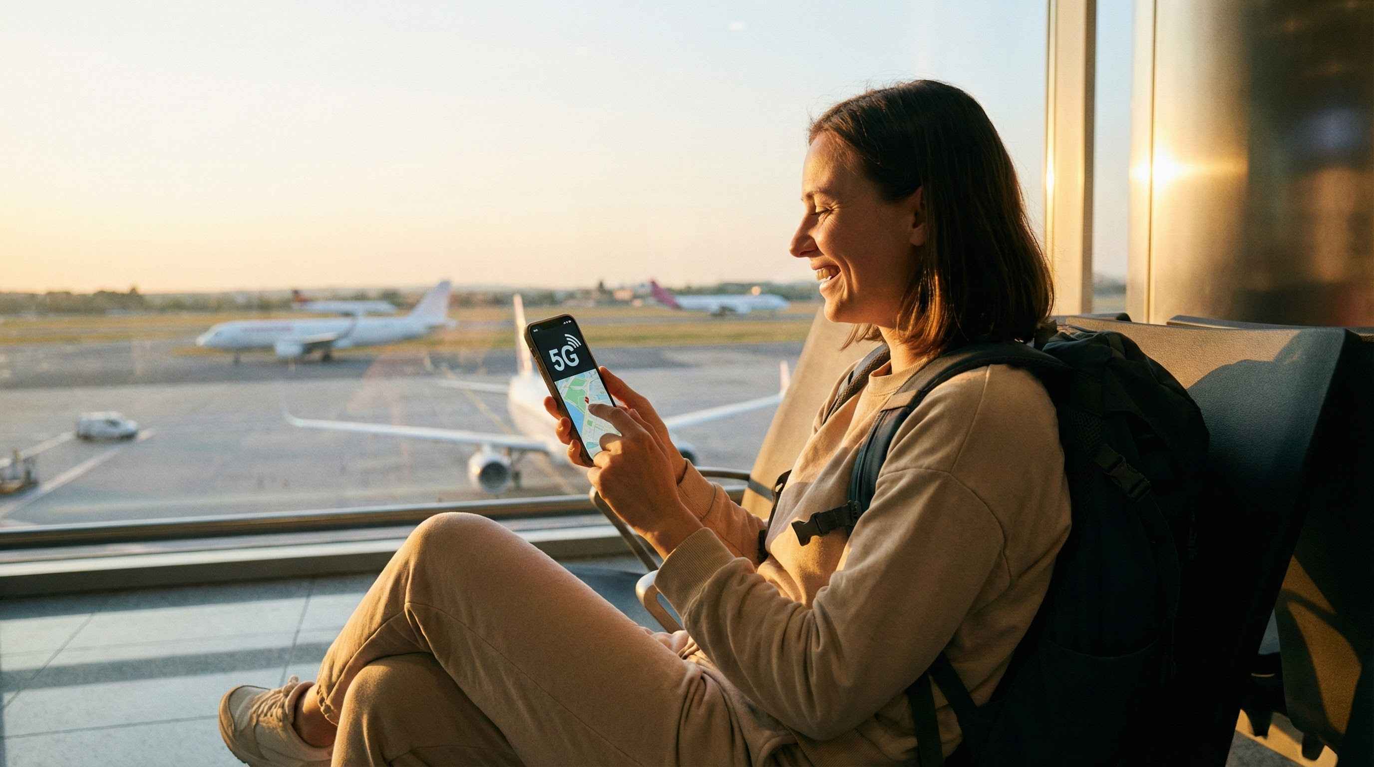 Voyageur activant l'itin&eacute;rance des donn&eacute;es &agrave; l'arriv&eacute;e, connexion internet r&eacute;ussie &agrave; l'&eacute;tranger.