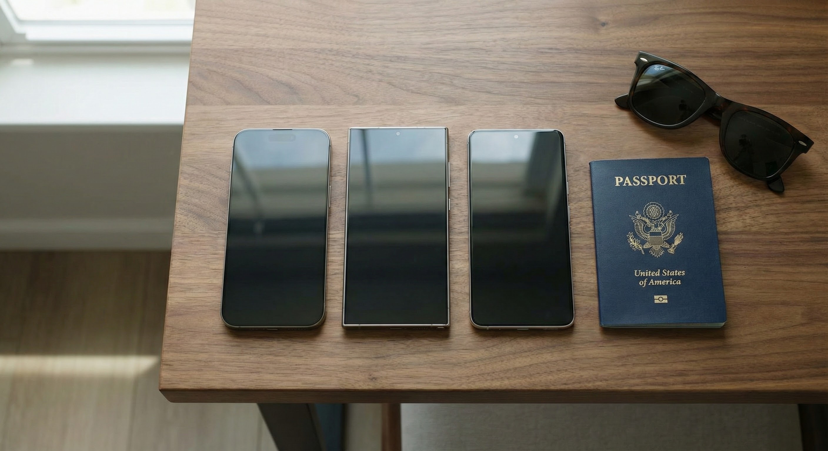 eSIM-kompatible Smartphones wie iPhone und Samsung neben Reisepass.