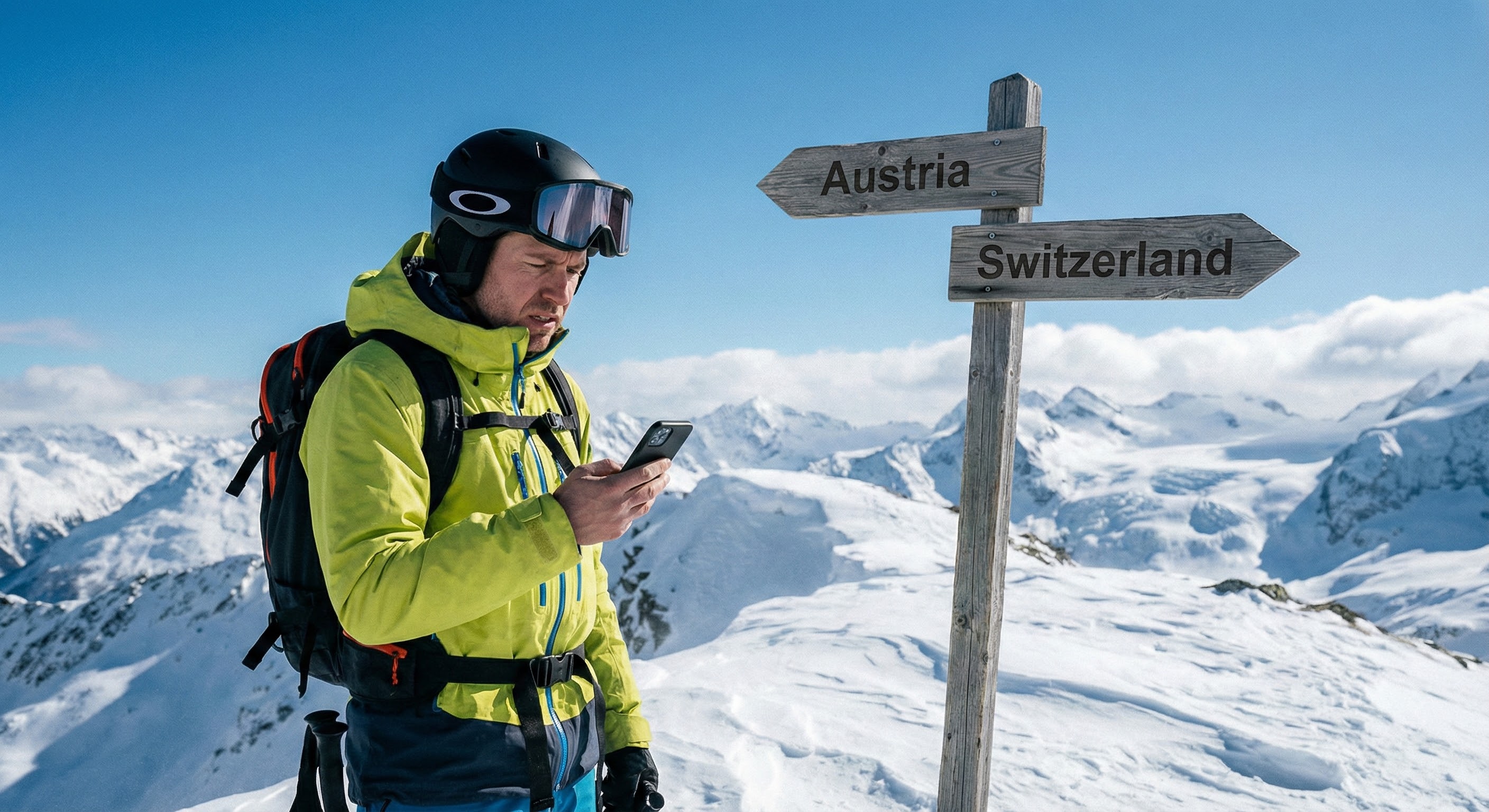 Lyžař na hranic&iacute;ch Rakouska a &Scaron;v&yacute;carska kontroluje roaming v mobilu, zimn&iacute; dovolen&aacute; v Alp&aacute;ch.
