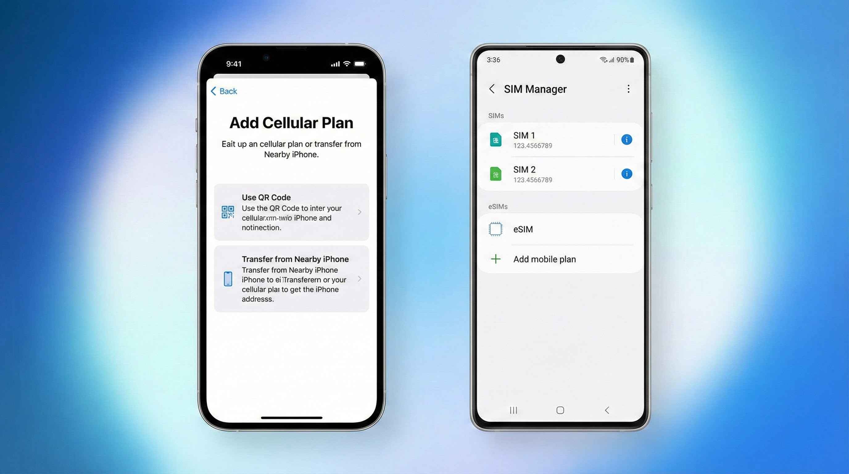 iPhone und Android Einstellungsmen&uuml; zum Hinzuf&uuml;gen eines neuen eSIM Datentarifs.