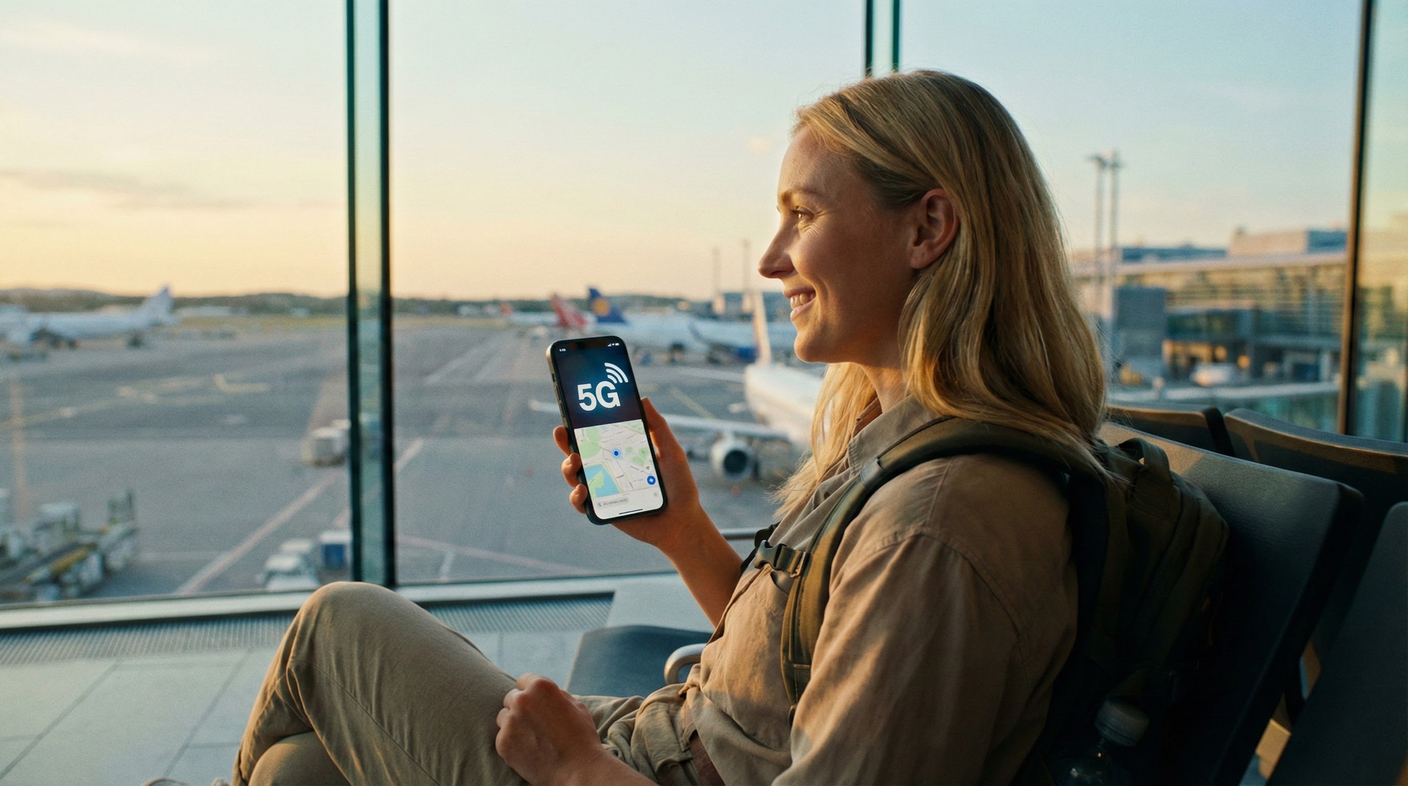 Turist aktiverer dataroaming ved ankomst, vellykket internettforbindelse i utlandet.