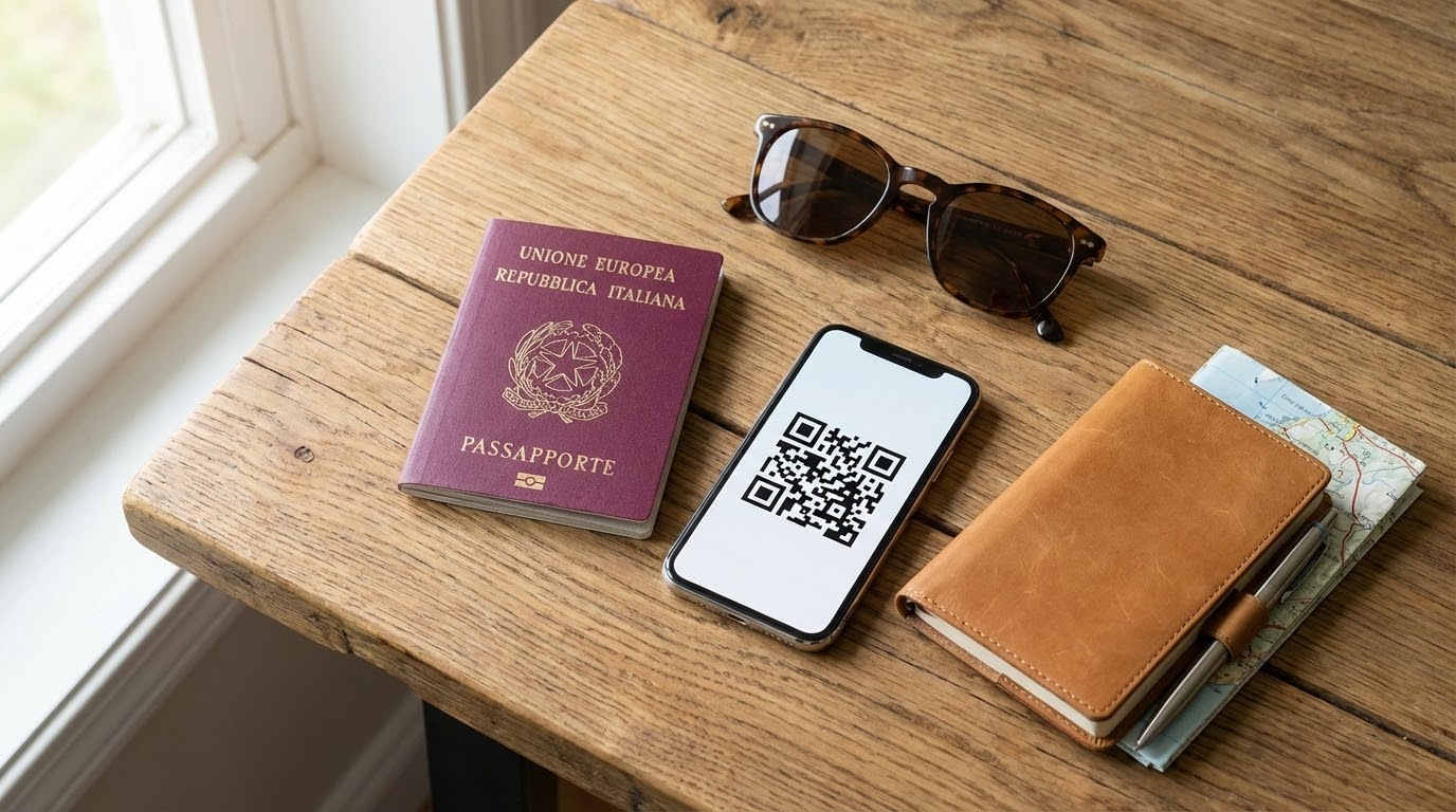 Preparazione al viaggio, smartphone che mostra il codice QR per l'attivazione eSIM accanto al passaporto.