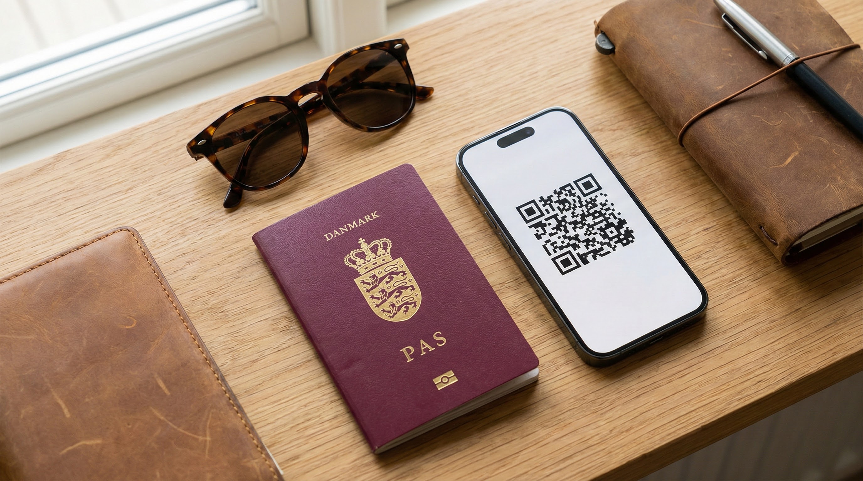 Rejseforberedelse, smartphone viser QR-kode til eSIM-aktivering ved siden af dansk pas.