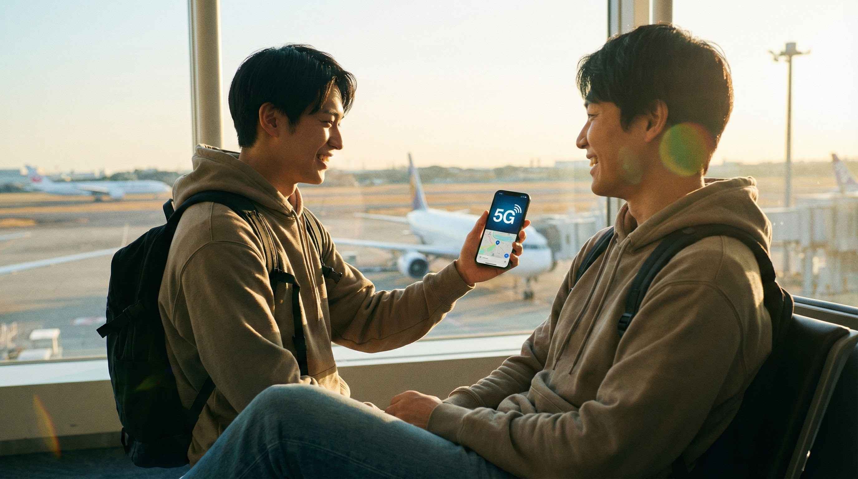 現地到着後にデータローミングをオンにする旅行者、海外で快適なインターネット接続。