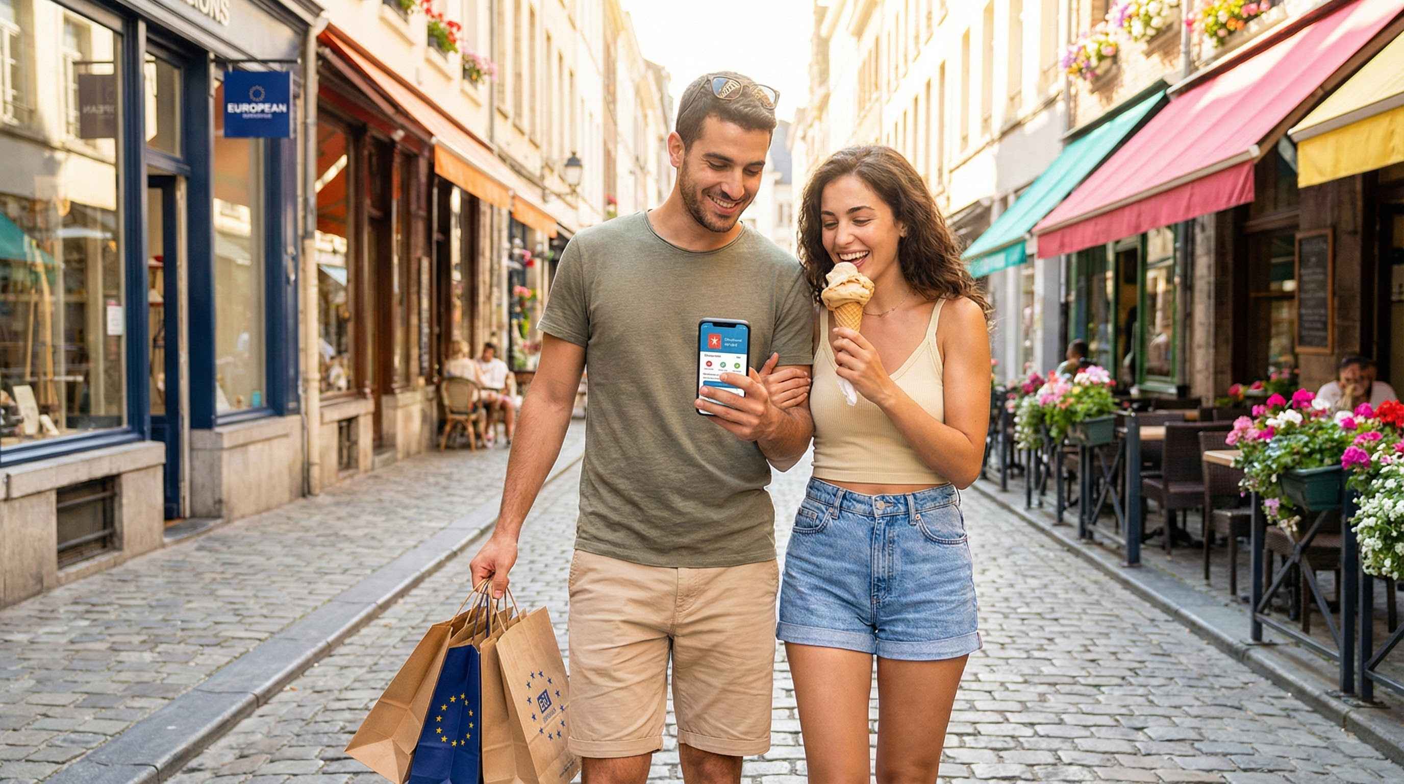 זוג ישראלים בחופשה בחו"ל נהנים מחיסכון בכסף, גלישה זולה בטיול.