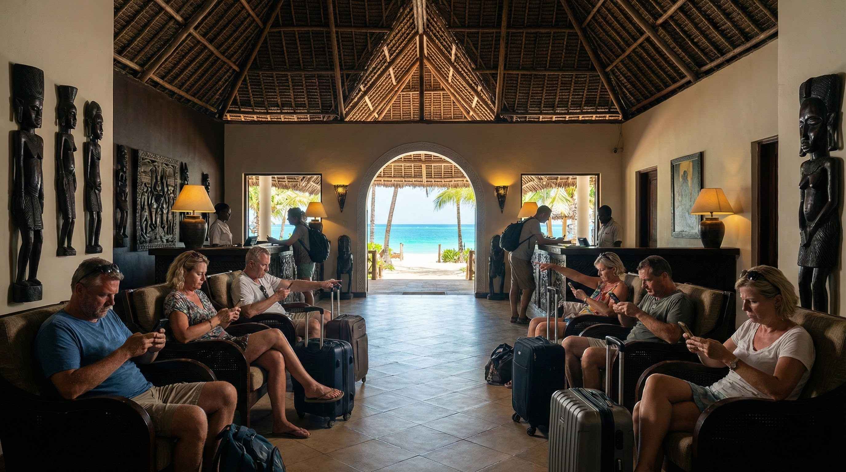 Problemy z WiFi w hotelu na Zanzibarze, turyści w lobby szukają zasięgu.