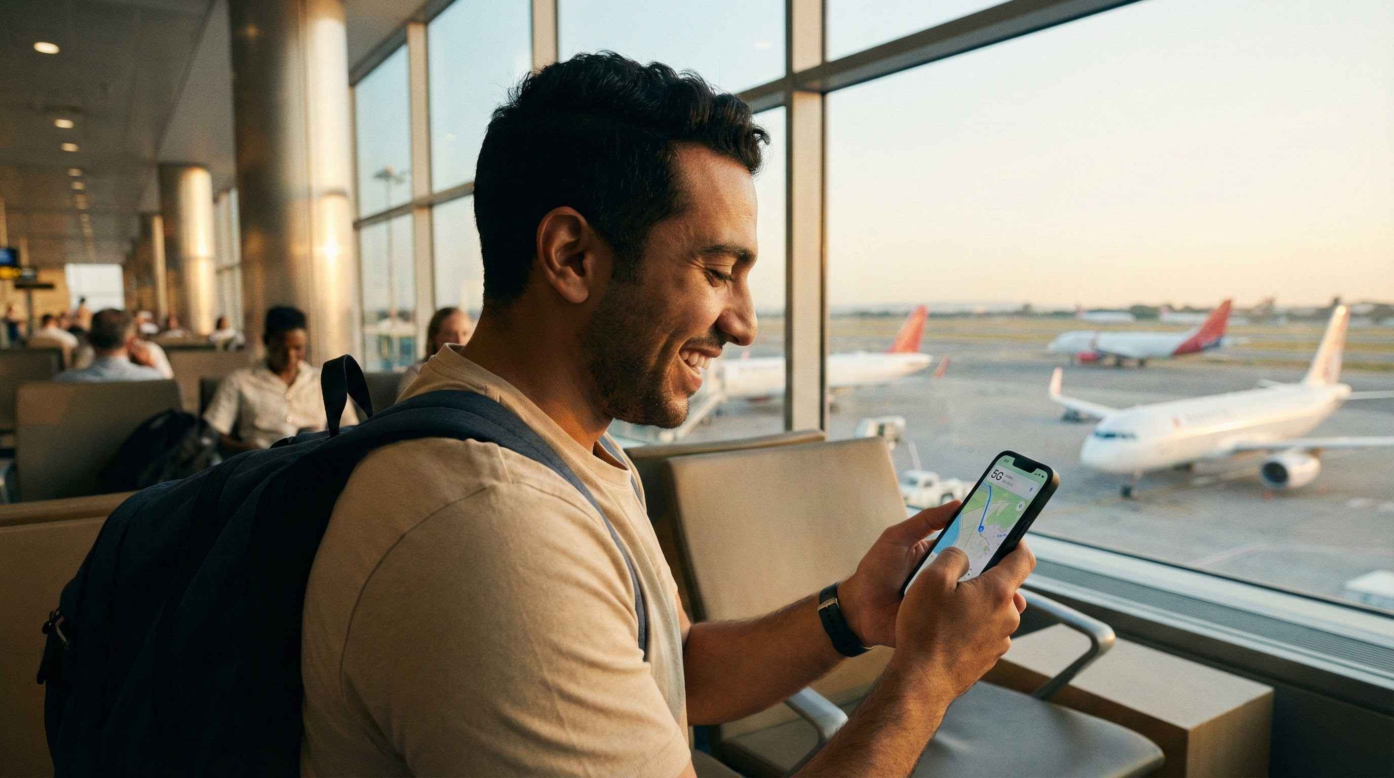 مسافر يقوم بتفعيل تجوال البيانات عند الوصول، اتصال ناجح بالإنترنت في الخارج.