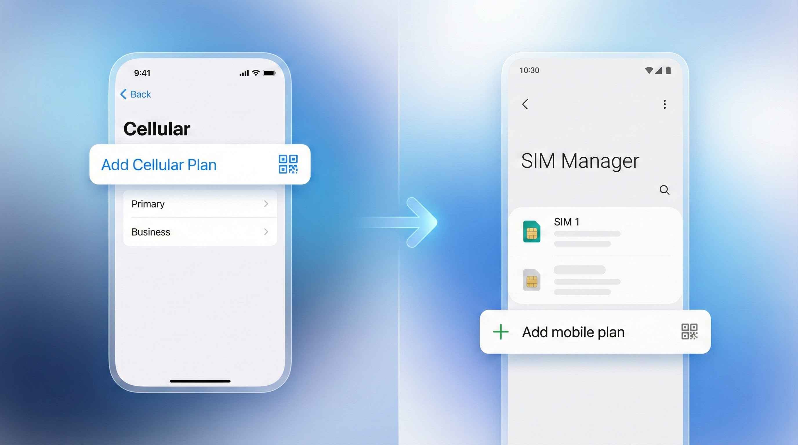 Menu de configuration iPhone et Android pour ajouter un nouveau forfait eSIM.