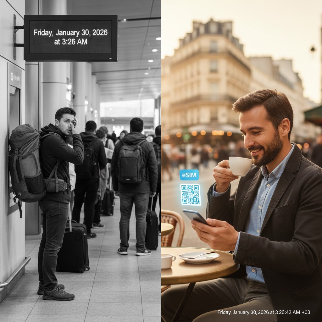 Comparison of buying a physical SIM card at an Italian airport versus activating a travel eSIM easily.