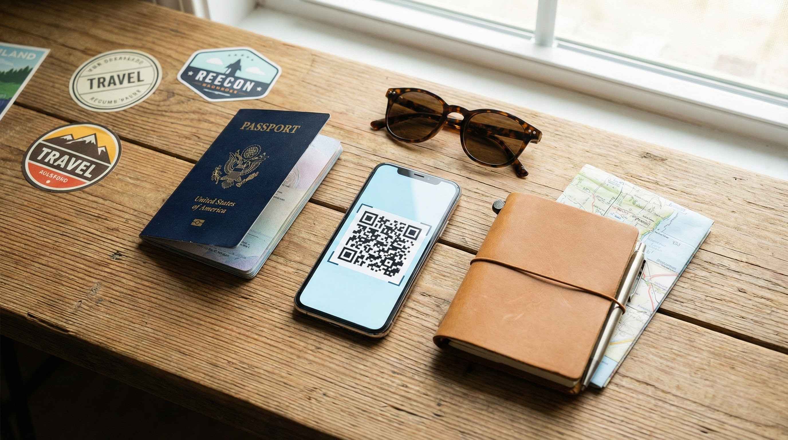 旅行准备，智能手机在护照旁显示用于激活 eSIM 的二维码。