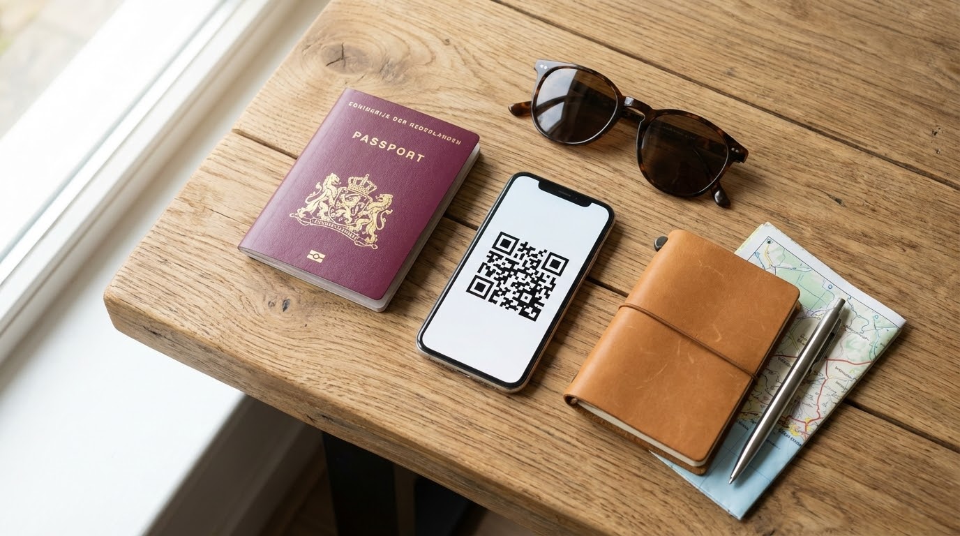 Reisvoorbereiding, smartphone toont QR-code voor eSIM-activering naast paspoort.