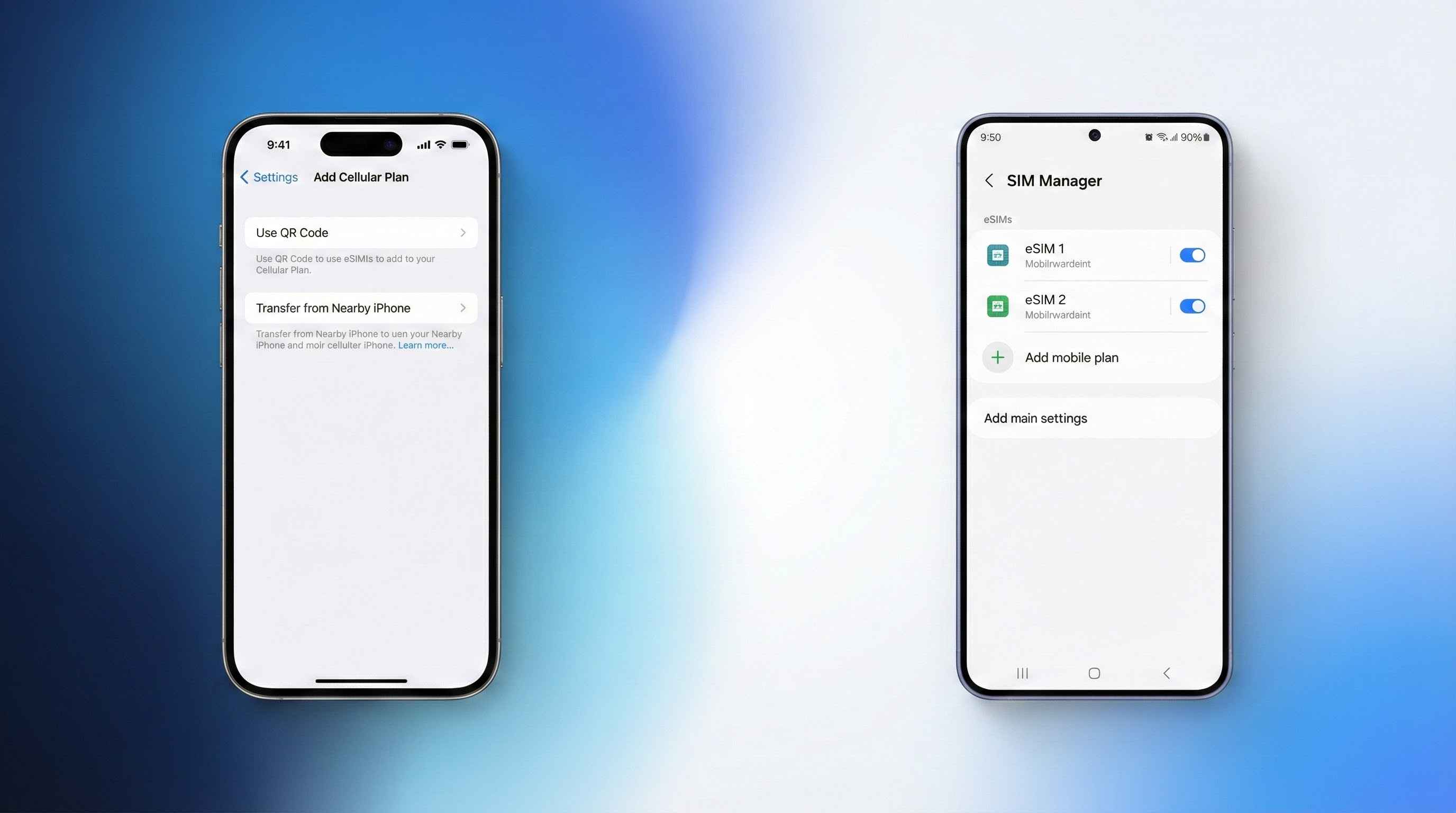 iPhone and Android settings menu for adding a new eSIM data plan.