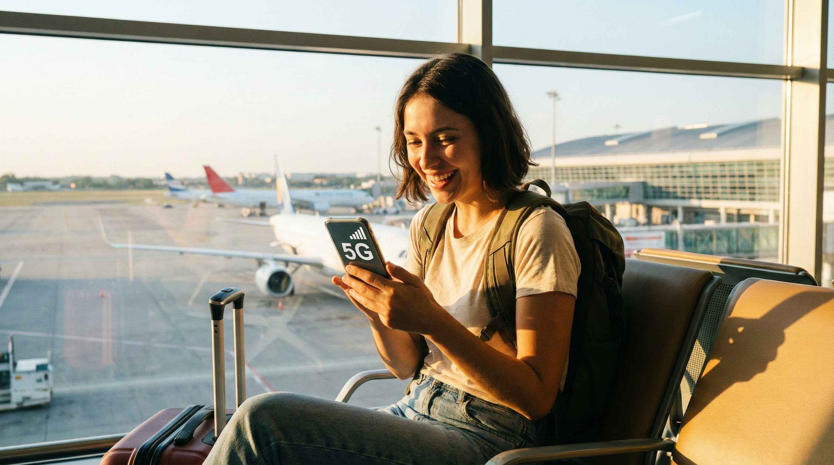 Reisender aktiviert Datenroaming auf dem Handy nach der Ankunft, erfolgreiche Internetverbindung im Ausland.