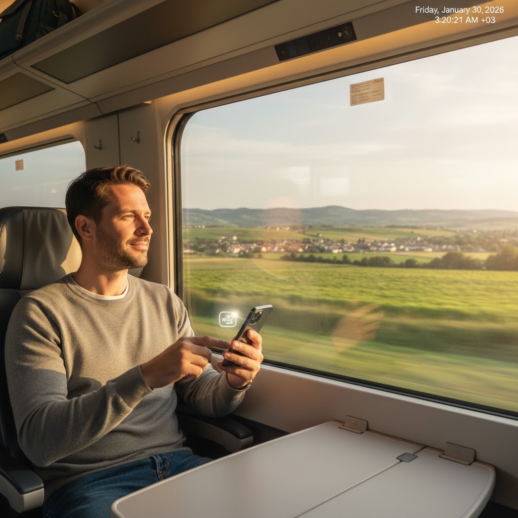 A traveler enjoying reliable mobile data with an eSIM while traveling through France by train.