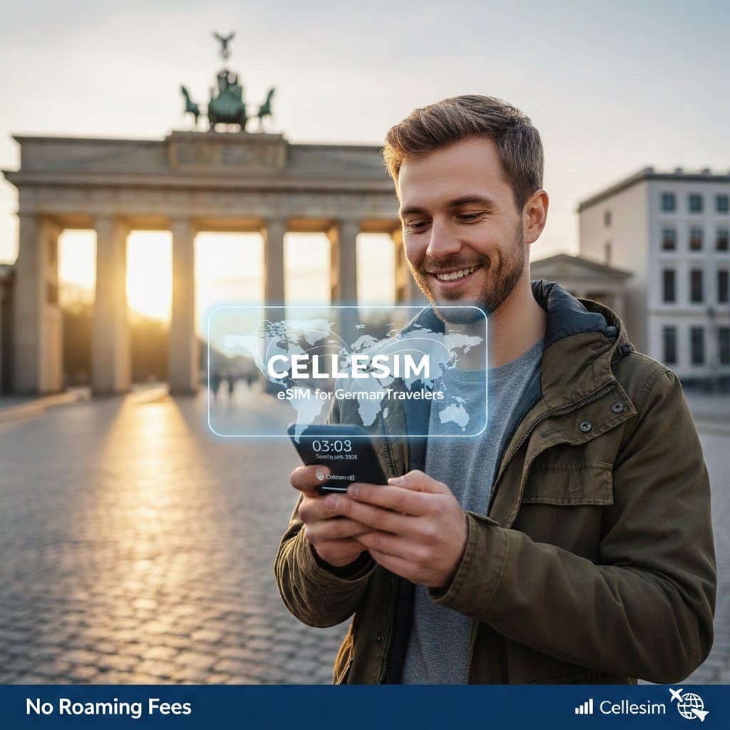 German travelers using smartphones at an international airport to stay connected with eSIM while traveling abroad