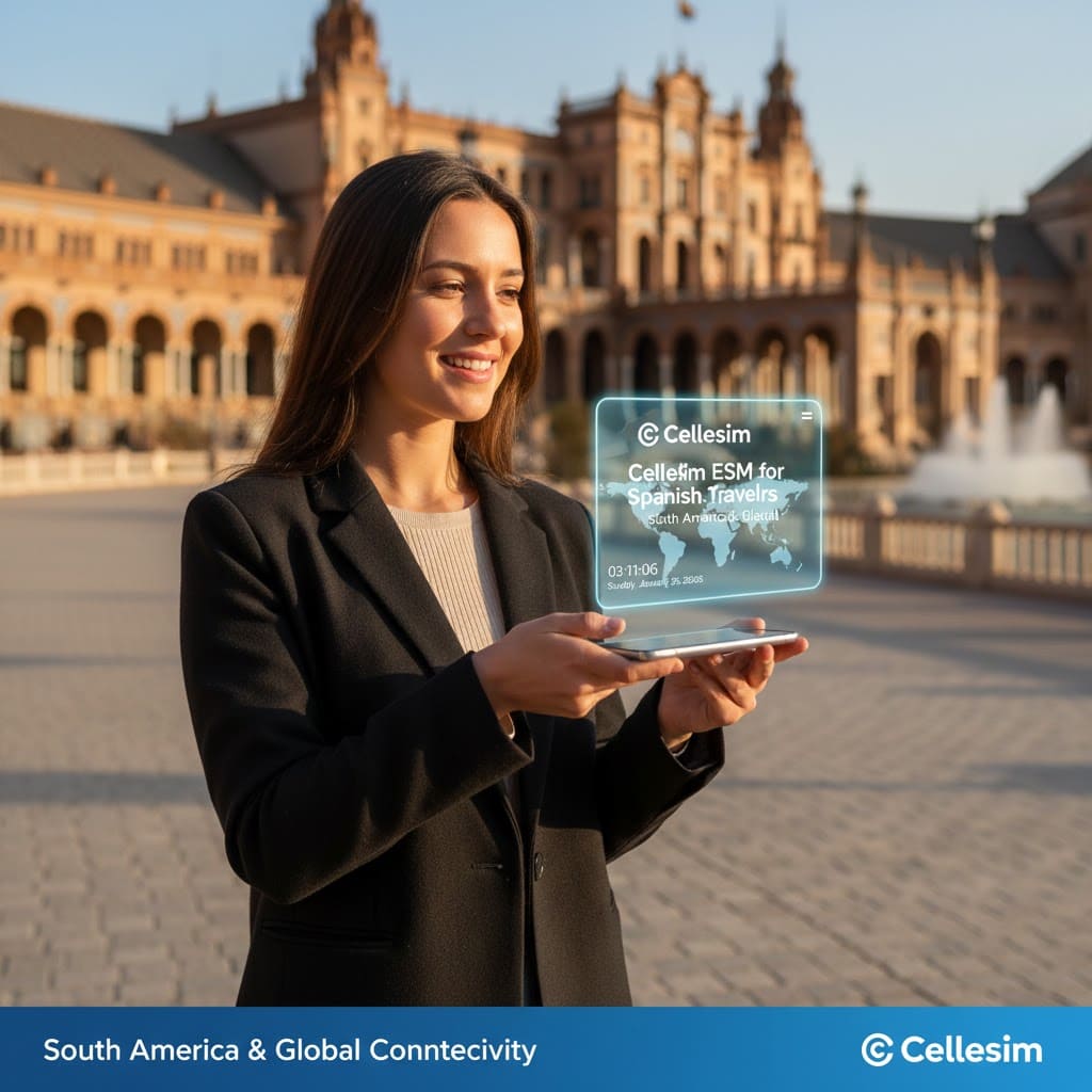 Spanish travelers using smartphones at an international airport to stay connected with eSIM while traveling abroad