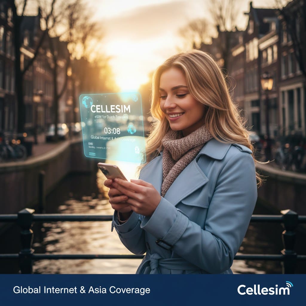 Dutch travelers using smartphones at an international airport to stay connected with eSIM while traveling abroad