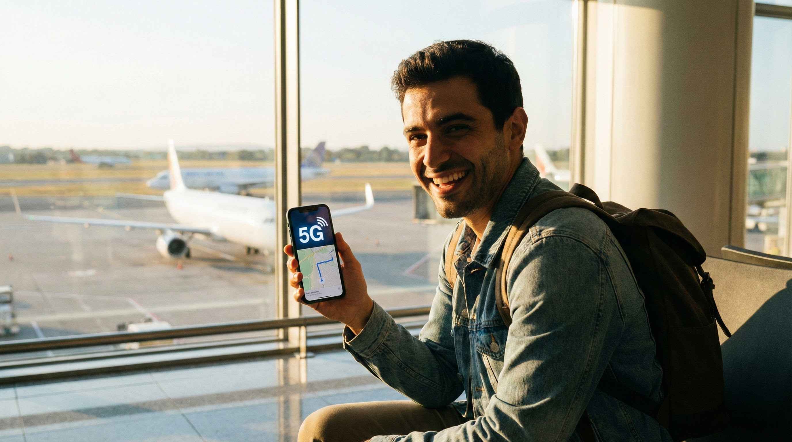 Varışta veri dolaşımını a&ccedil;an turist, yurtdışında sorunsuz internet bağlantısı.