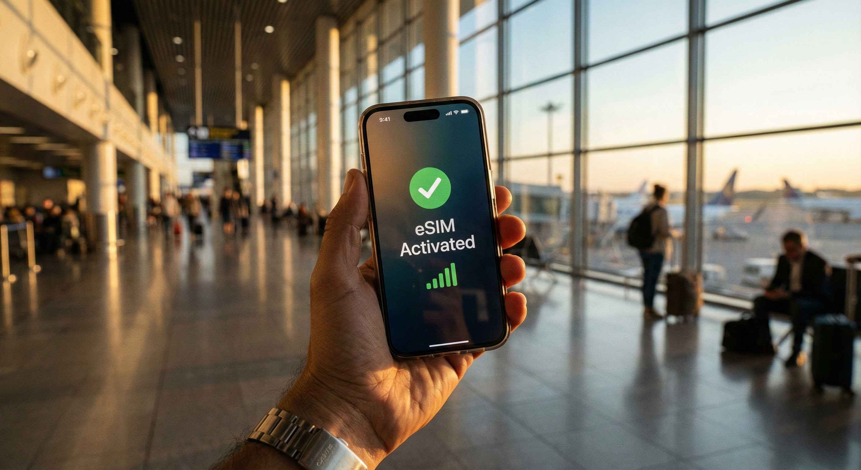 Reisender am Flughafen aktiviert Cellesim eSIM auf dem Smartphone f&uuml;r mobiles Internet.