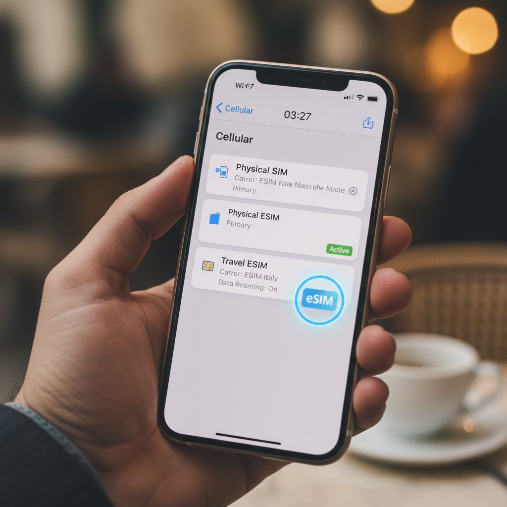 Smartphone screen showing dual SIM capability with a primary line and a Cellesim Italy travel eSIM active for data.