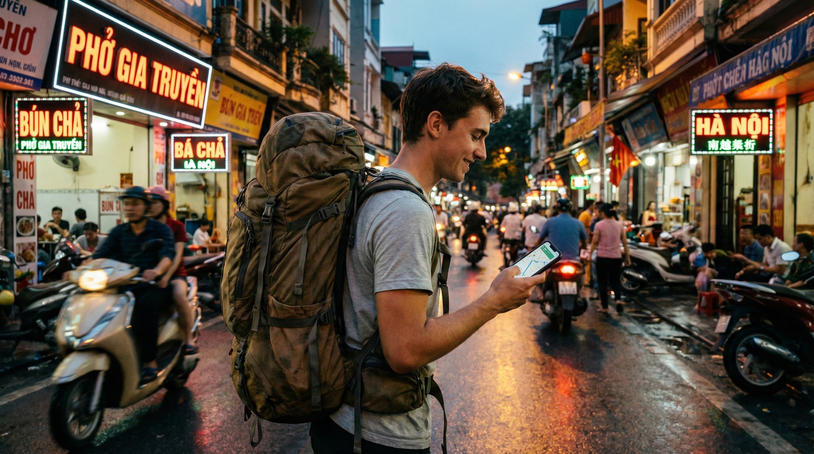 Batůžk&aacute;ř v Asii hled&aacute; cestu na mapě v mobilu, cestov&aacute;n&iacute; Vietnam a Tchaj-wan bez roamingu.