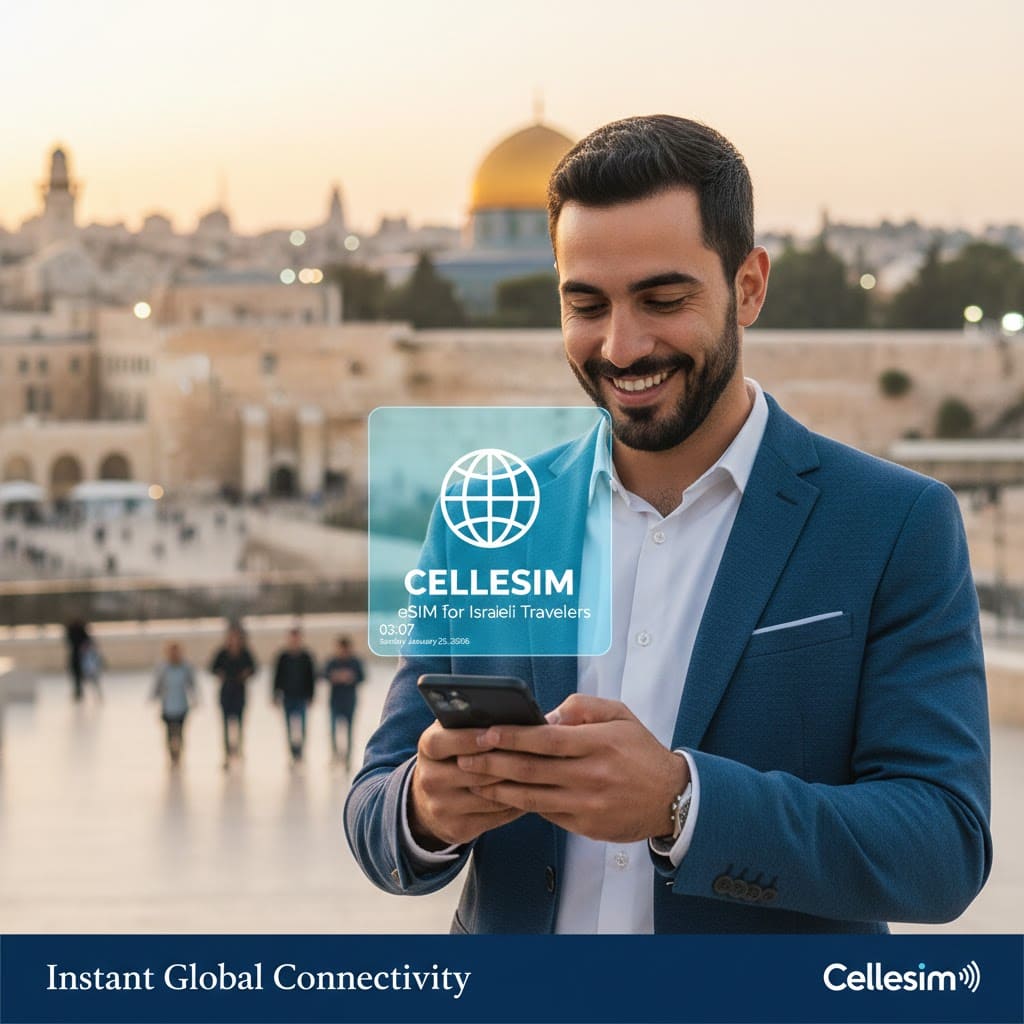 Israeli travelers using smartphones at an international airport to stay connected with eSIM while traveling abroad