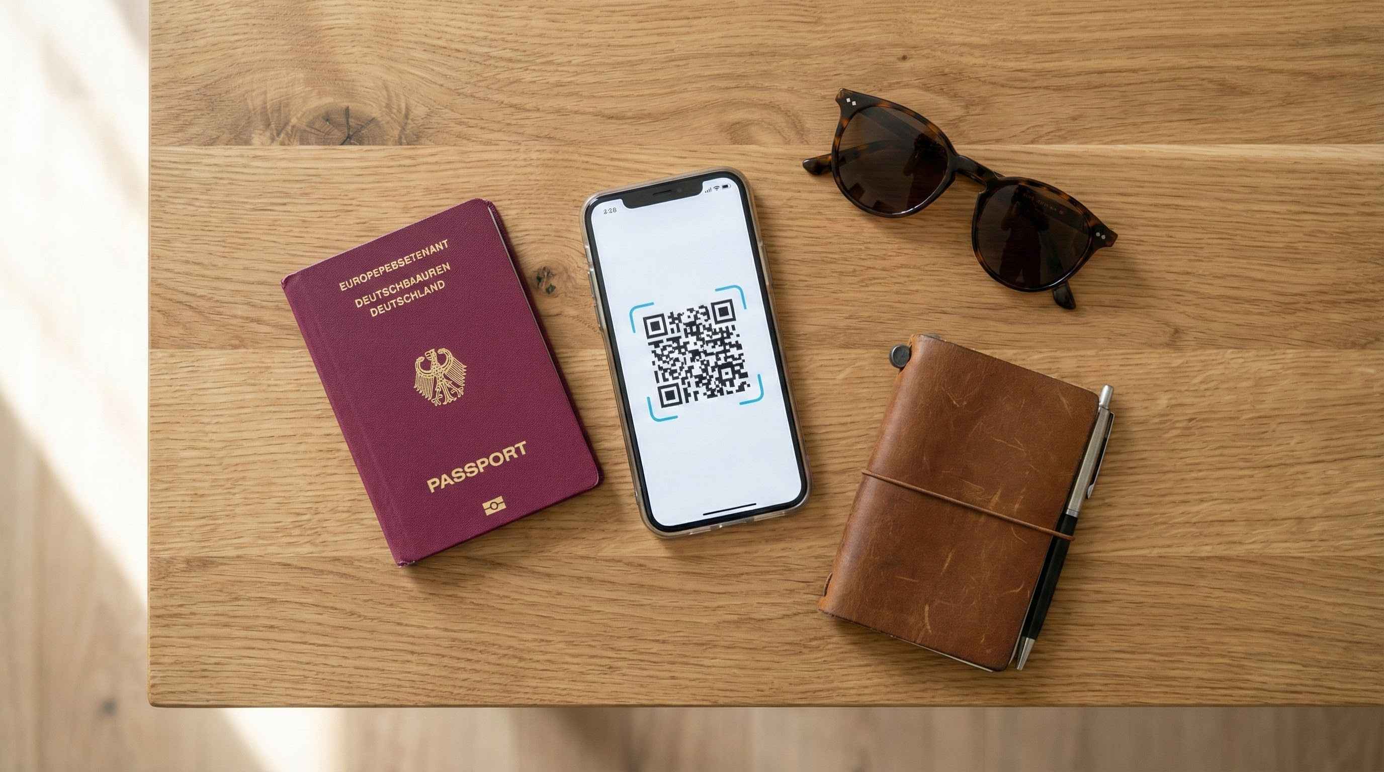 Smartphone zeigt eSIM QR-Code zur Installation neben einem Reisepass, Reisevorbereitung f&uuml;r den Urlaub.