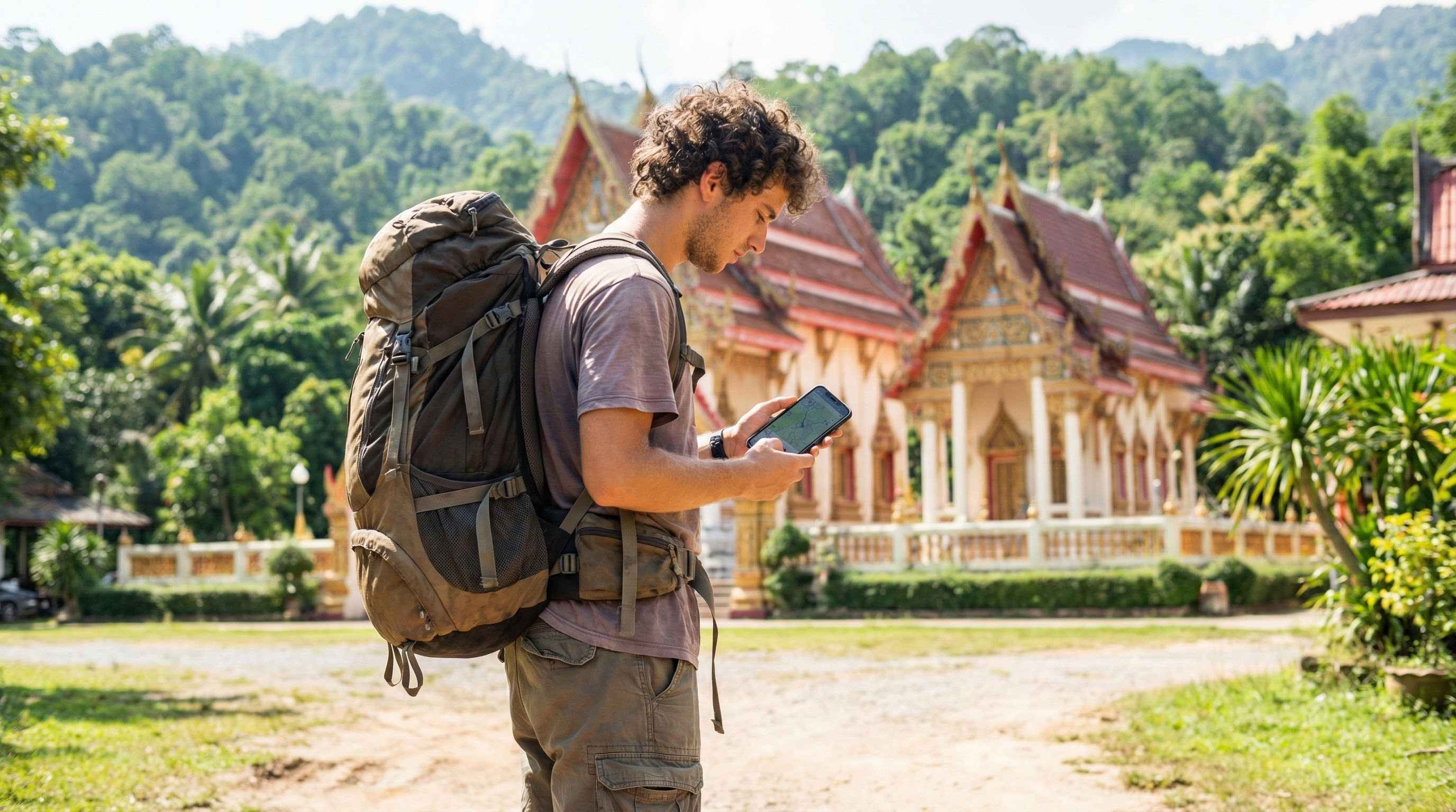תרמילאי ישראלי במזרח עם מוצילה, בודק מפה בטלפון בתאילנד.