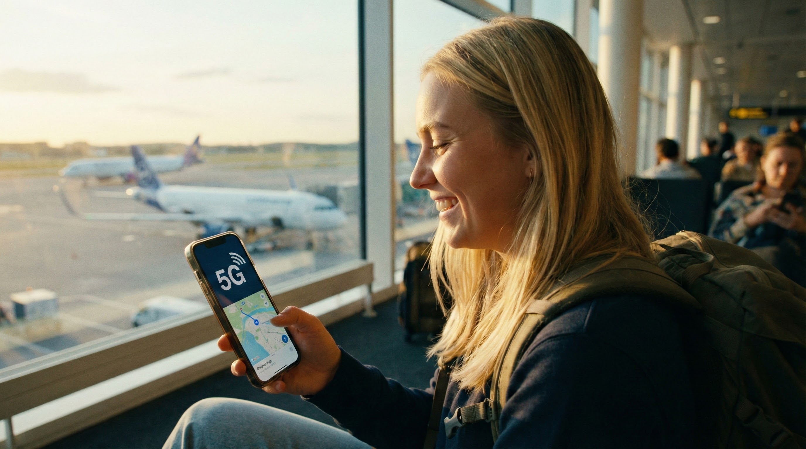 Turist aktiverer dataroaming ved ankomst, vellykket internetforbindelse i udlandet.