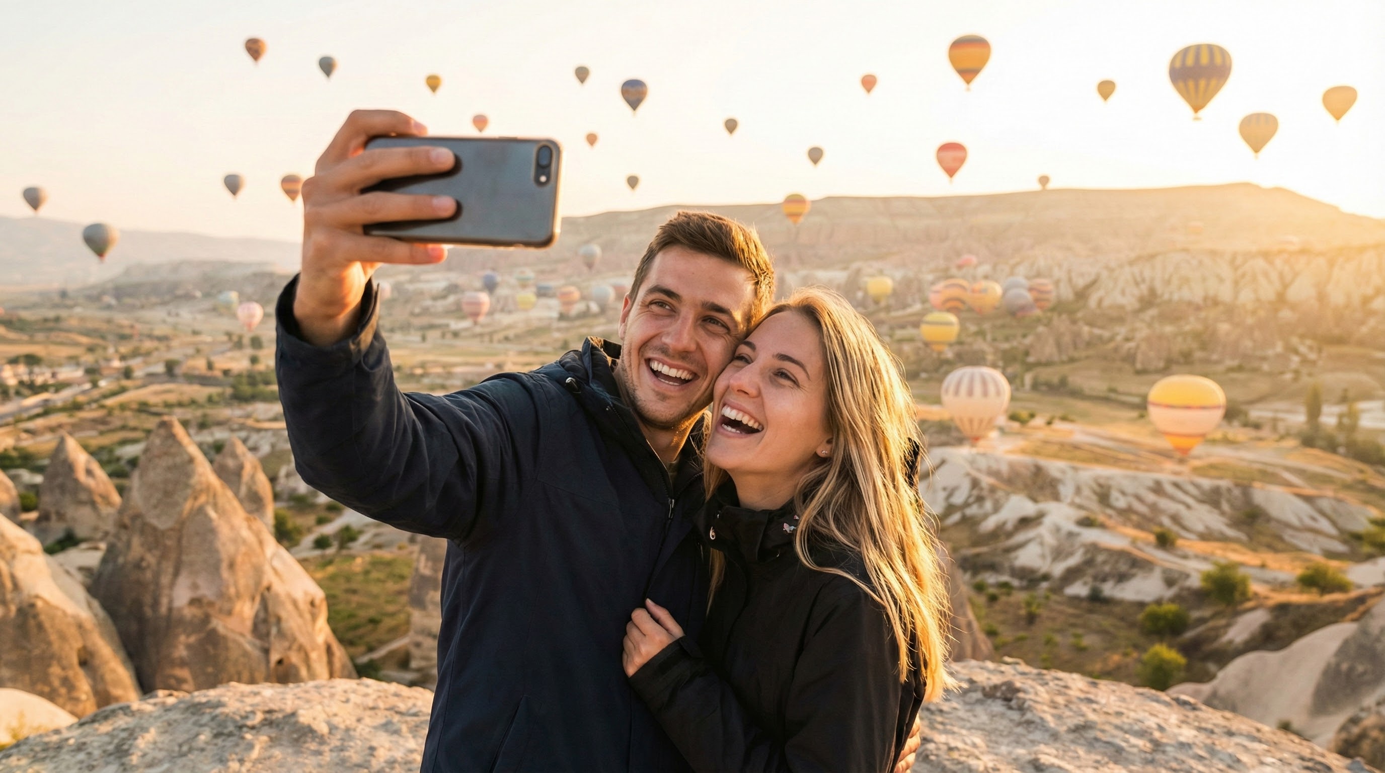 Para turyst&oacute;w w Kapadocji korzysta z eSIM Turcja, tanie rozmowy i internet.