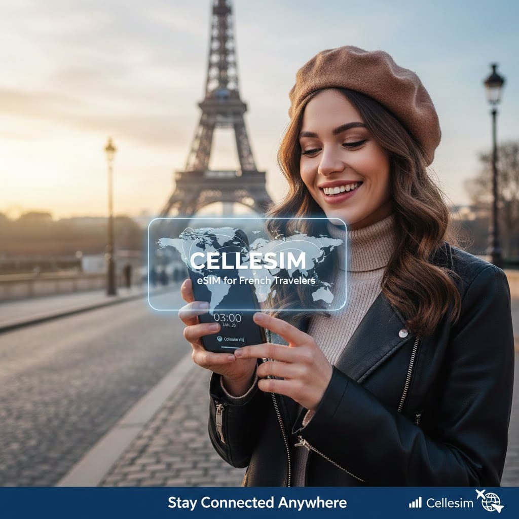 French travelers using smartphones at an international airport to stay connected with eSIM while traveling abroad