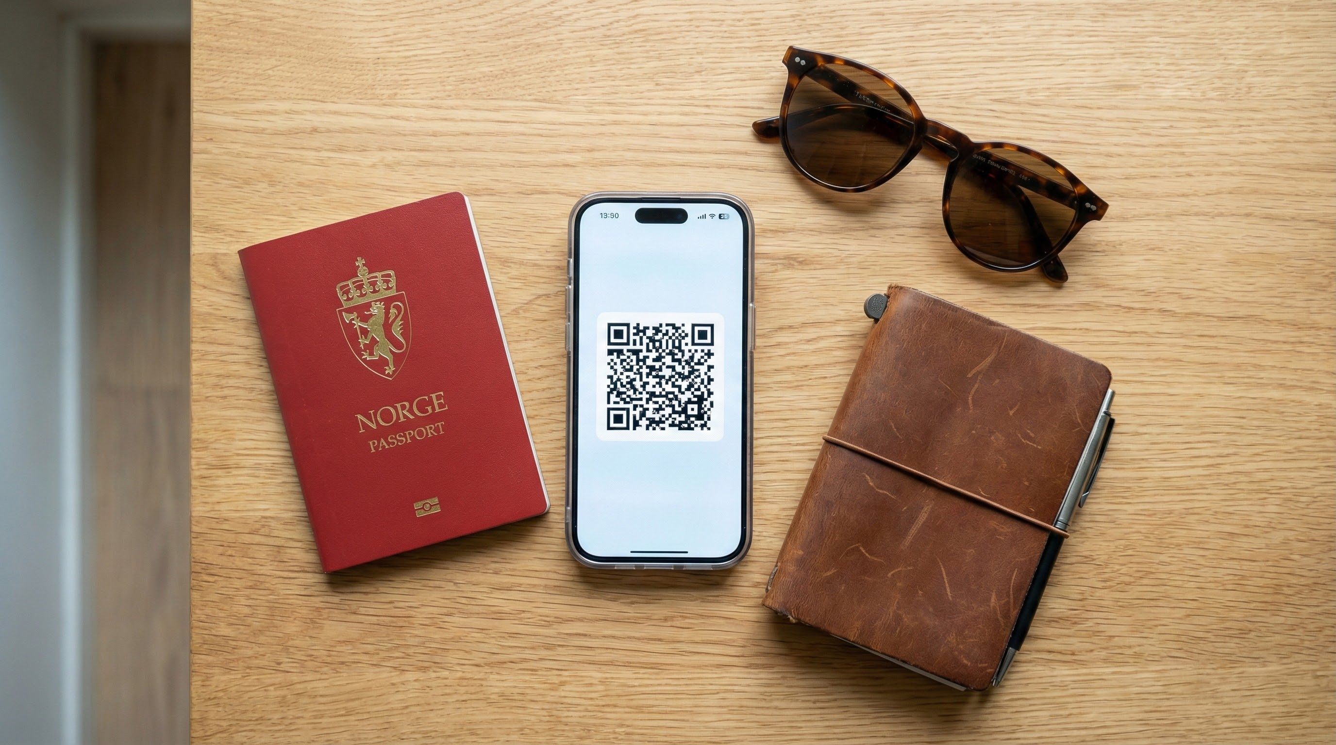 Reiseforberedelse, smarttelefon viser QR-kode for eSIM-aktivering ved siden av norsk pass.