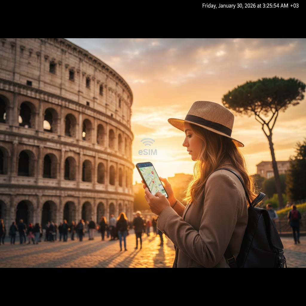 A tourist using their smartphone for directions in front of the Colosseum in Rome, Italy.