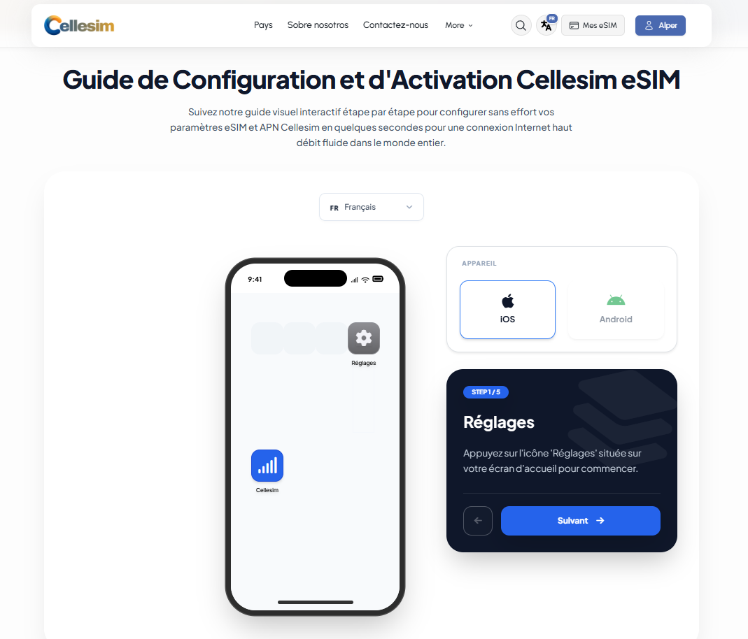 Guide interactif de configuration eSIM Cellesim, simulation visuelle pour iPhone et Android.