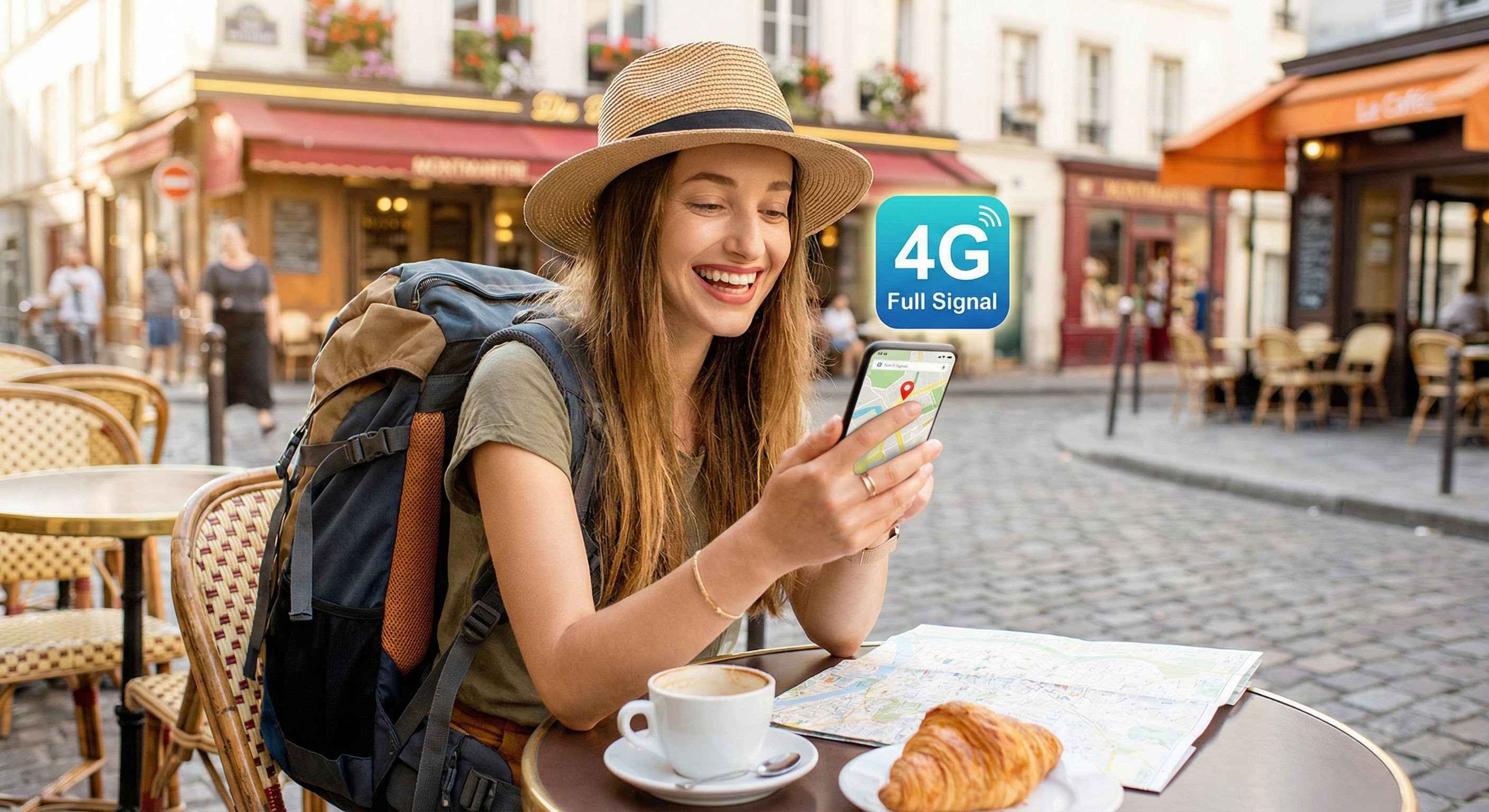 Turista usando internet de alta velocidad en el extranjero gracias a la conexi&oacute;n eSIM de Cellesim