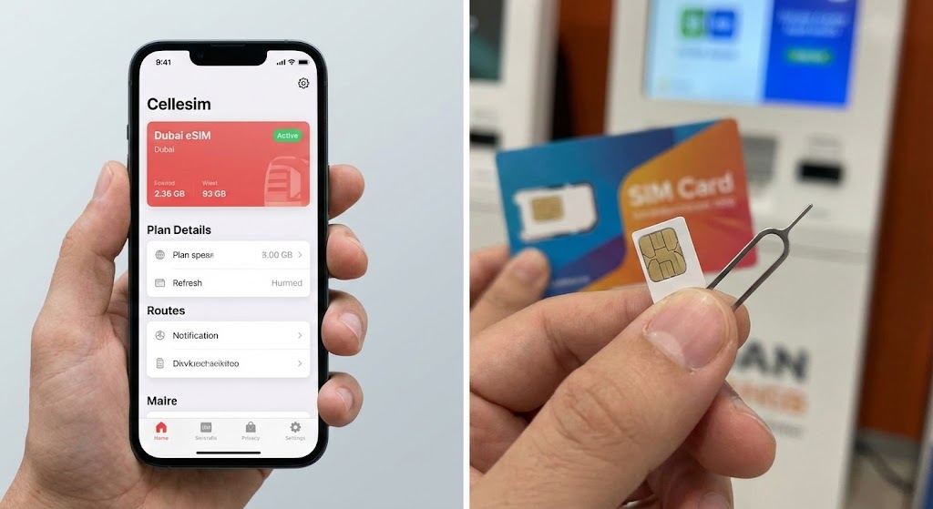 Comparison of Cellesim eSIM app on a smartphone versus a physical SIM card with an ejector tool, illustrating the digital vs. physical choice for Dubai connectivity.