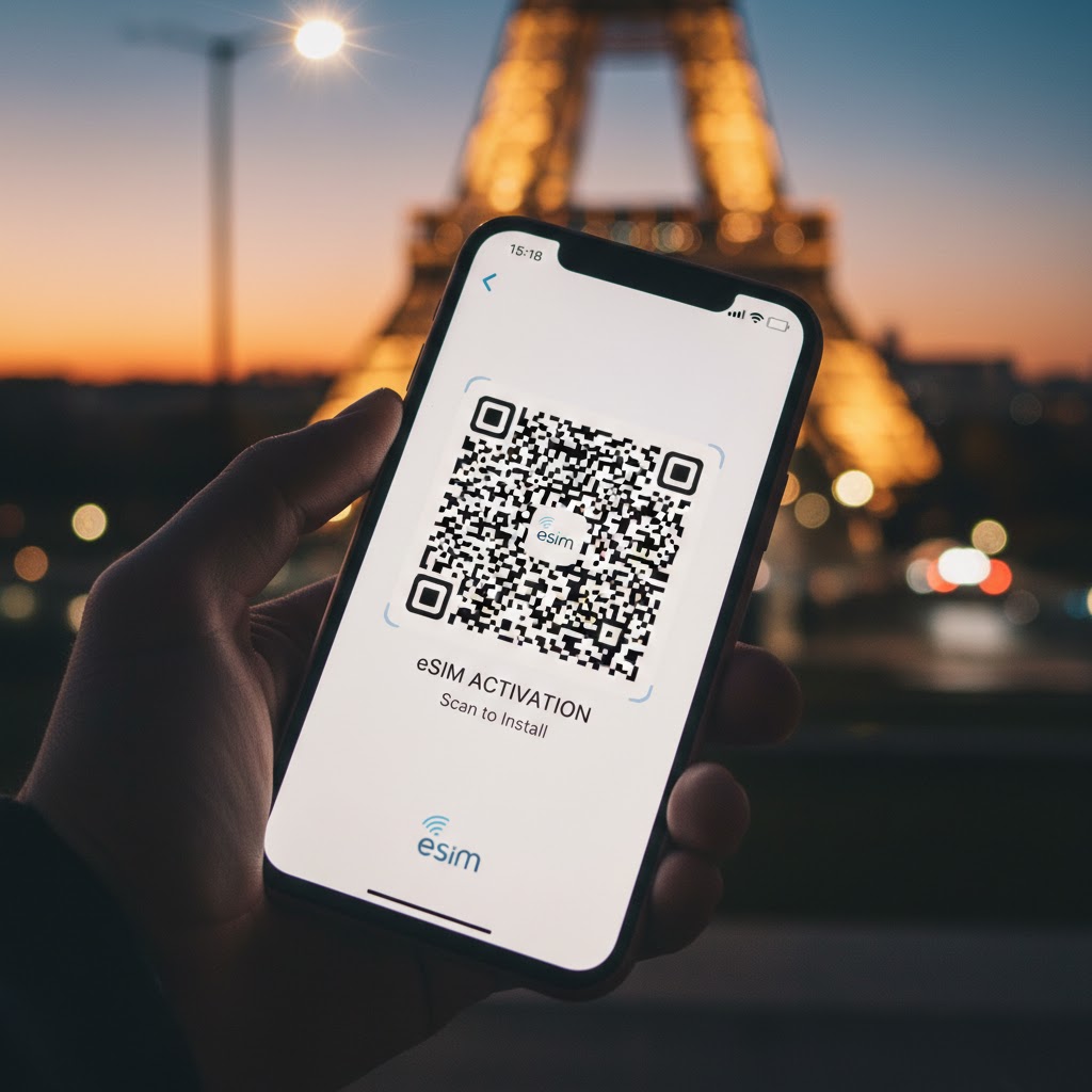 Installing an eSIM France plan on a smartphone with a view of Paris.