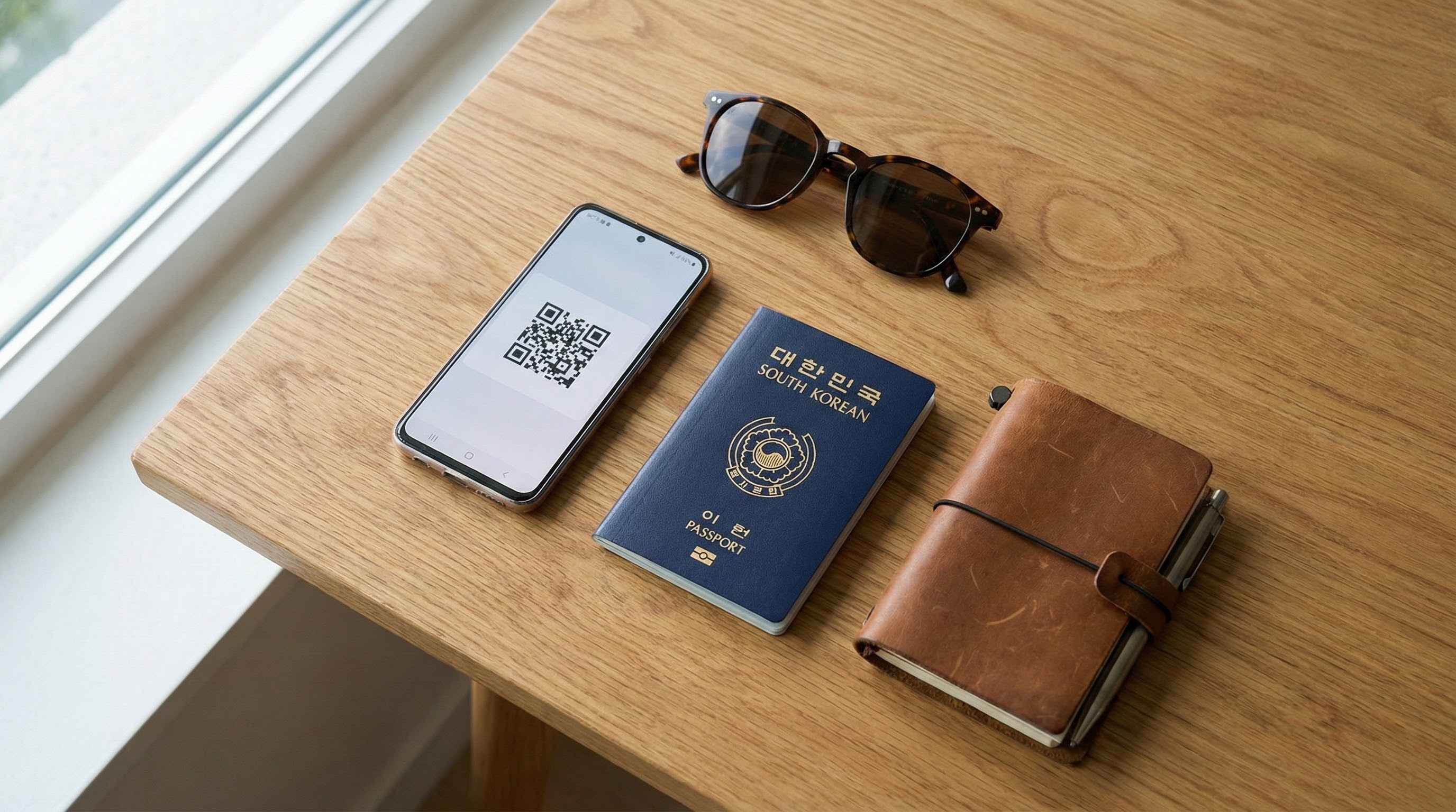 해외여행 준비물, 여권 옆에서 eSIM 활성화를 위해 QR 코드를 표시한 스마트폰.