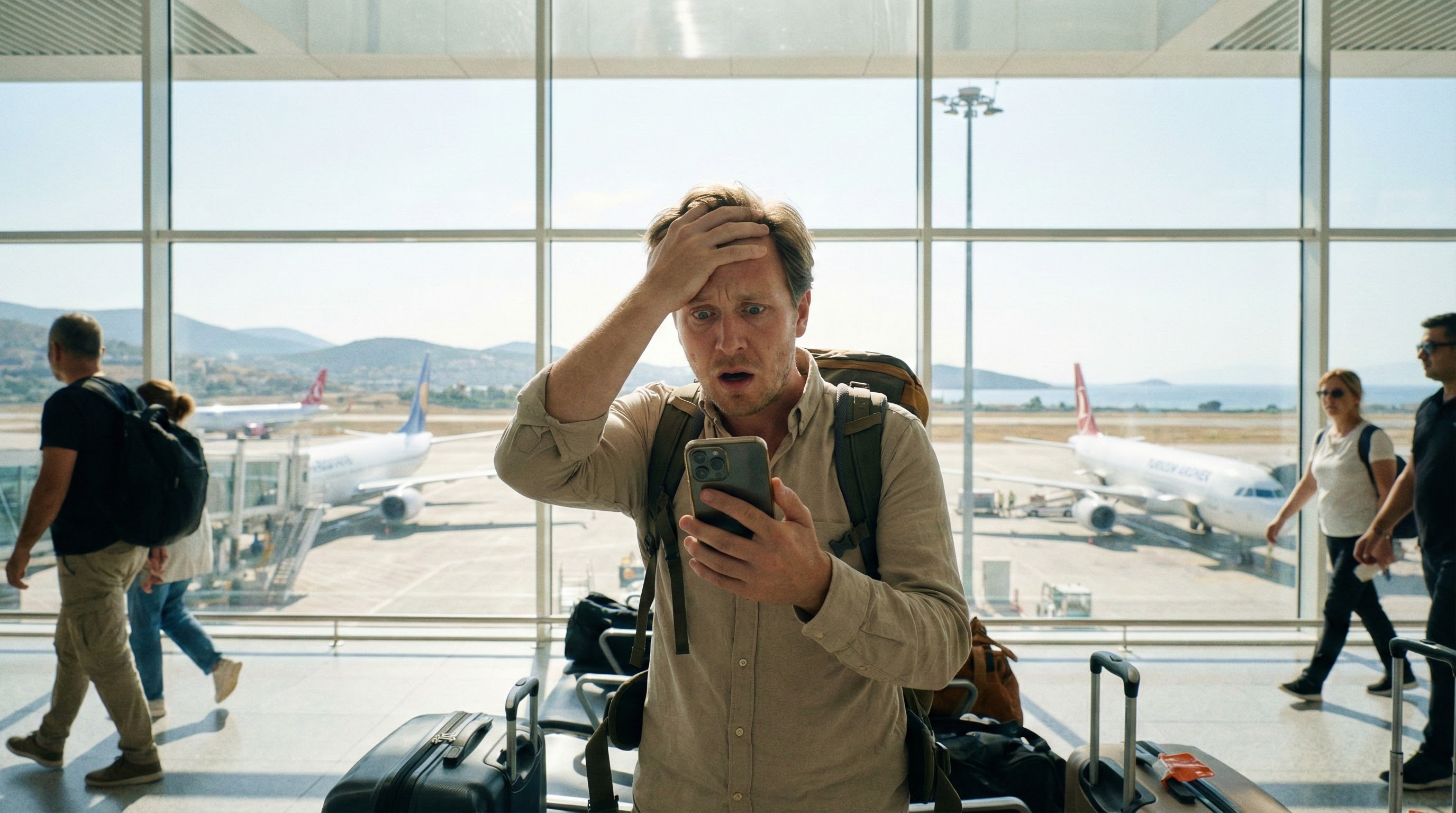 Turysta na lotnisku w Antalyi sprawdza roaming w telefonie, internet w Turcji.