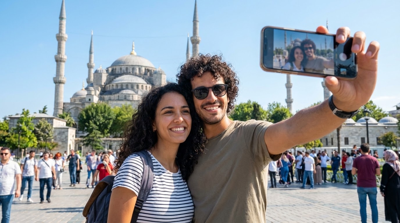 Turistas em Istambul conectados com eSIM, viagem tranquila Turquia.