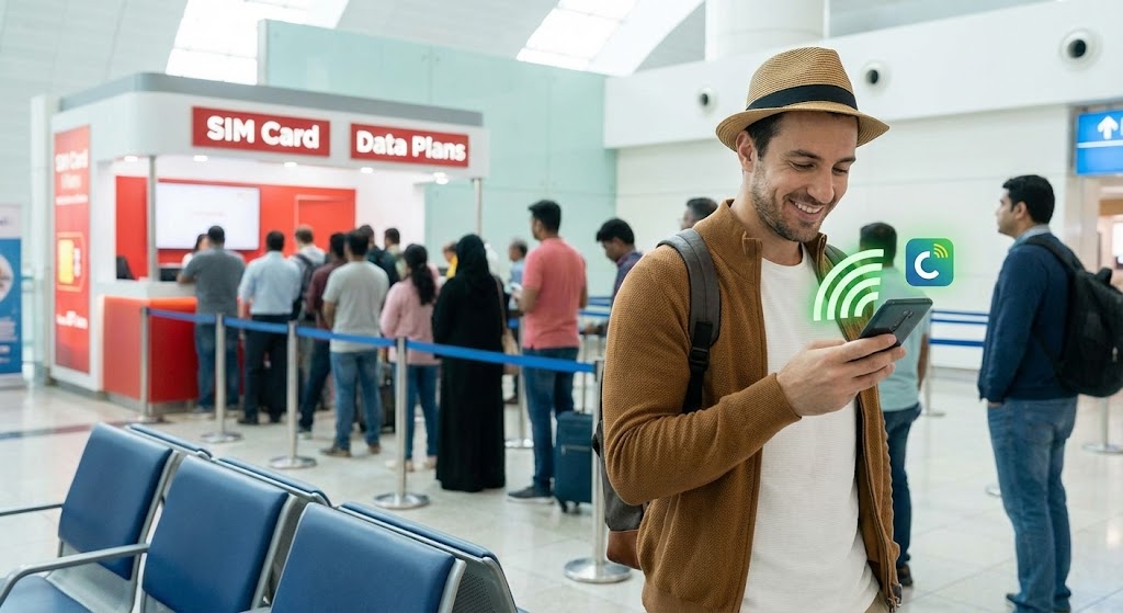 A traveler at Dubai International Airport using their phone with a Cellesim eSIM connection, happily walking past a long queue of people waiting at a SIM card kiosk.