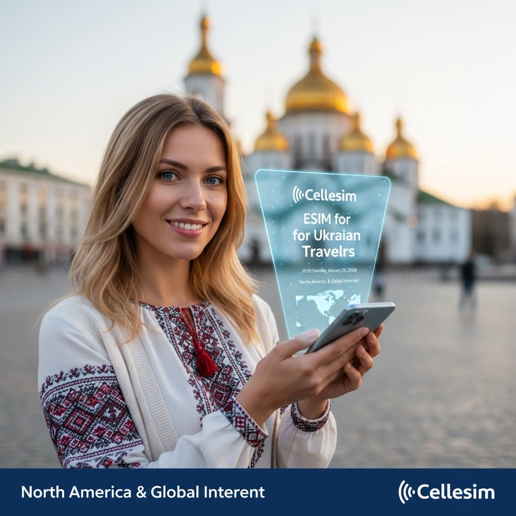 Ukrainian travelers using smartphones at an international airport to stay connected with eSIM while traveling abroad